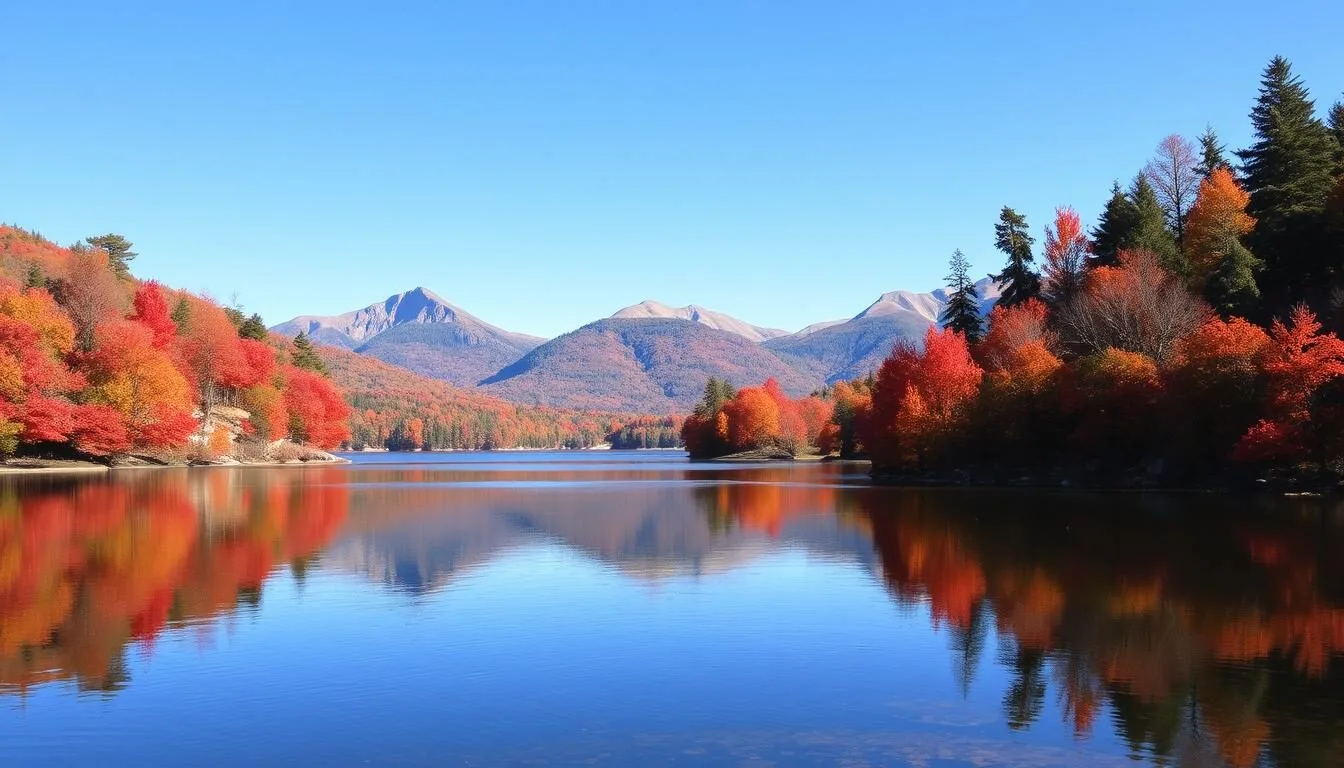 Stunning fall colors at Algonquin Provincial Park with red and orange maple trees surrounding a calm lake