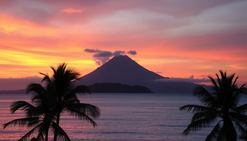 Stunning sunset over Manado Tua volcano viewed from Bunaken Island