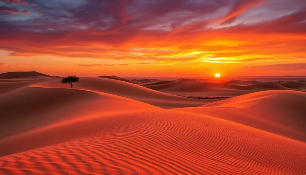 Stunning sunset over the sand dunes of Sanghr Jabbess National Park with dramatic colors
