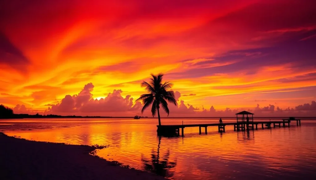Stunning sunset view from Secret Beach, Belize with silhouettes of palm trees