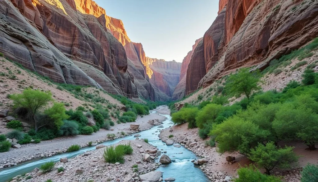 Stunning view of Wadi Al-Disah valley with sandstone cliffs and green vegetation in Tabuk, Saudi Arabia Stunning view of Wadi Al-Disah valley with sandstone cliffs and green vegetation in Tabuk, Saudi Arabia