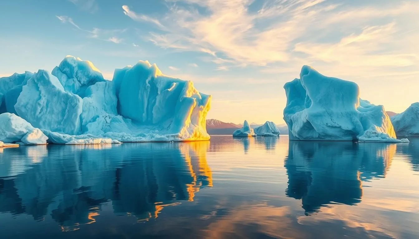 Stunning view of icebergs in Ilulissat Icefjord, Greenland under midnight sun