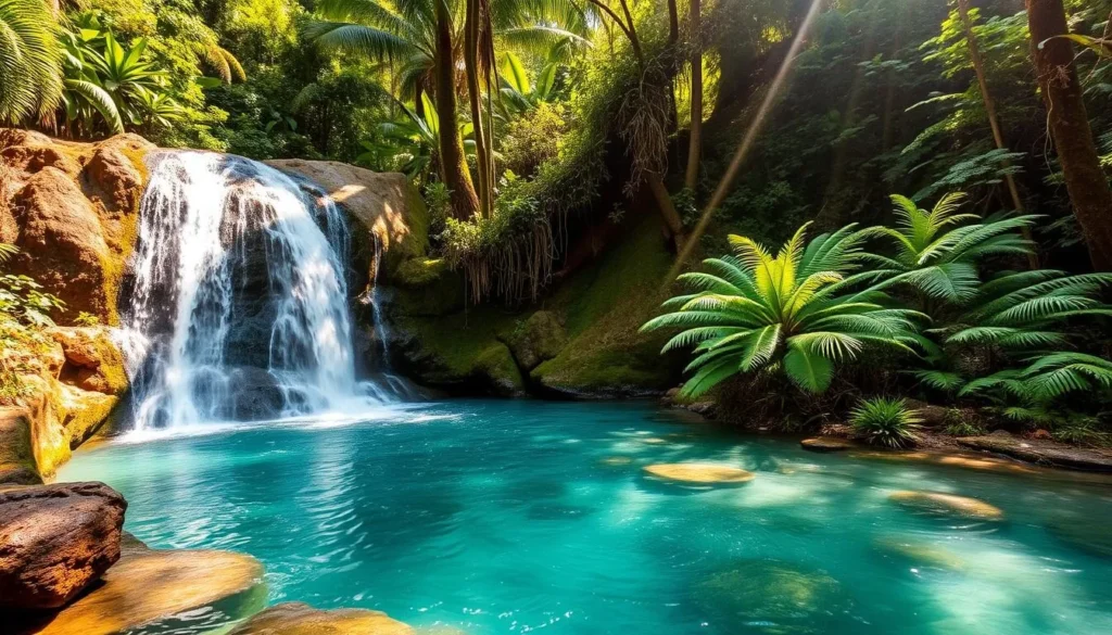 Stunning waterfall in La Bayamesa National Park with crystal clear pool surrounded by lush vegetation