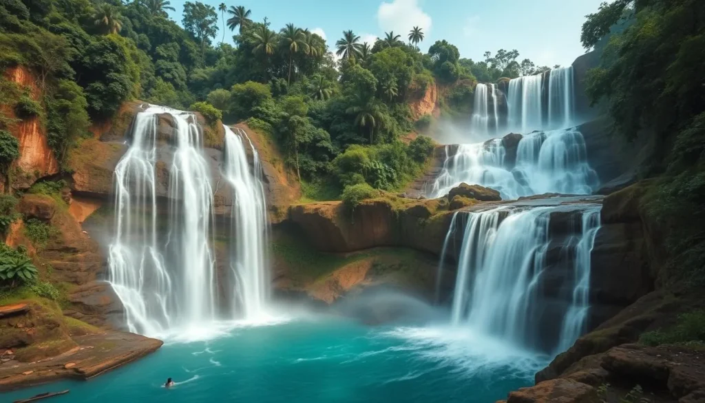 Stunning waterfall in the Annamite Range with turquoise pools surrounded by lush vegetation