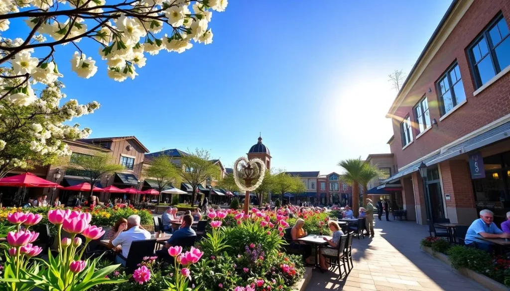 Sugar Land Town Square during spring with blooming flowers and people enjoying outdoor dining