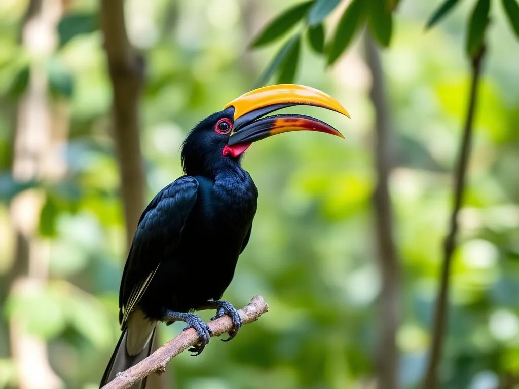 Sulawesi hornbill perched on a branch in Rawa Aopa Watumohai National Park