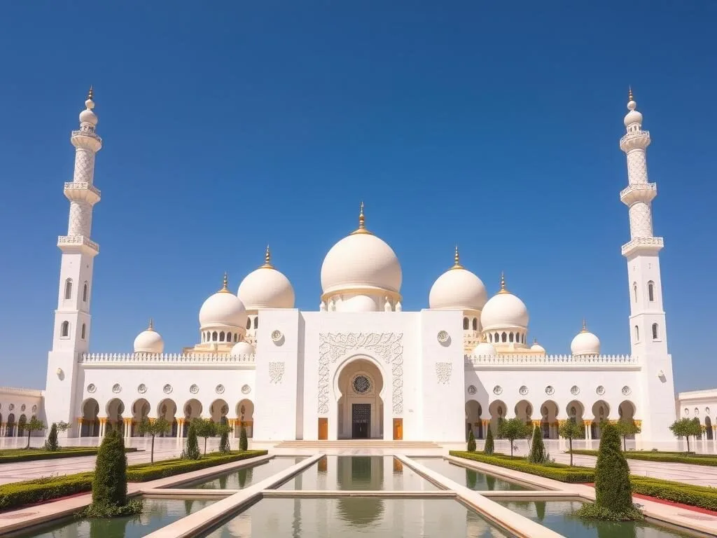 Sultan Qaboos Grand Mosque in Bawshar with its white domes and minarets against a blue sky