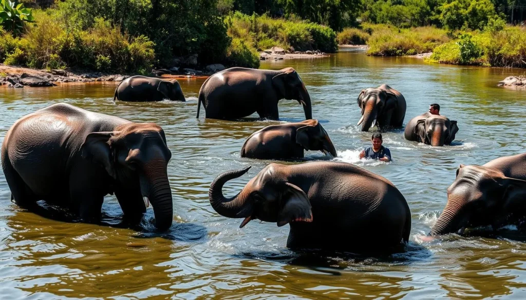 Sumatran elephants bathing in a river during the dry season at Tesso Nilo National Park