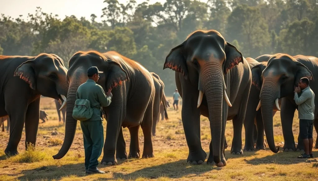 Sumatran elephants with their mahouts at the WWF Flying Squad in Tesso Nilo National Park