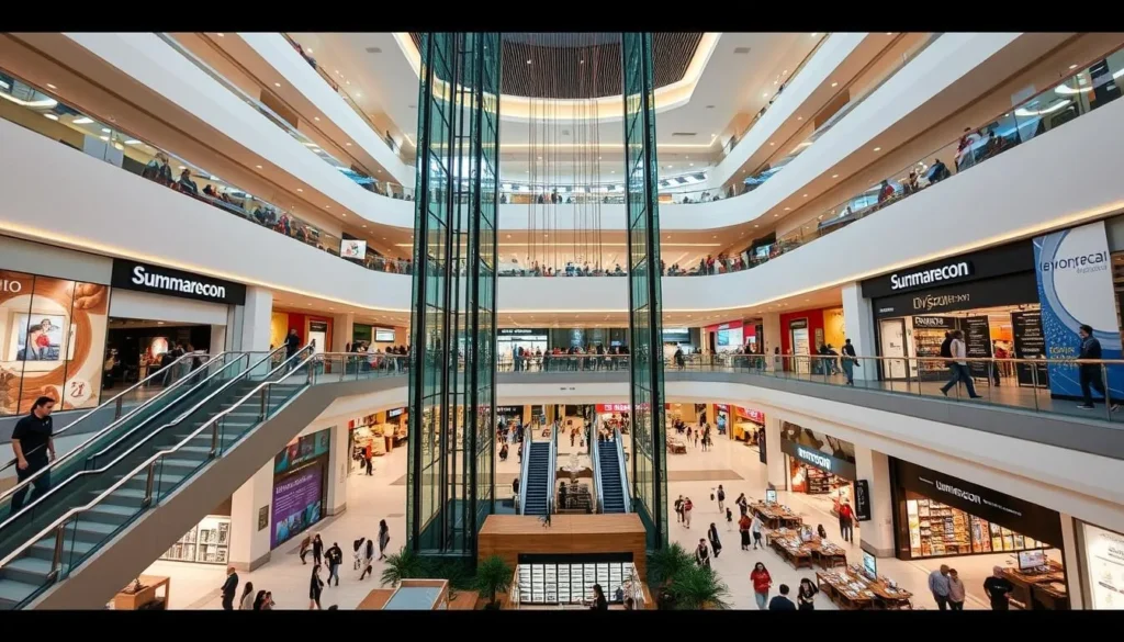 Summarecon Mall Bekasi interior with modern architecture, shops, and shoppers