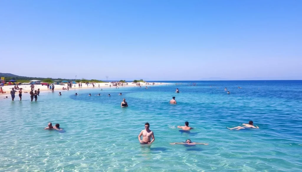 Summer beach scene at Lake Kacha with people enjoying the water and sunshine