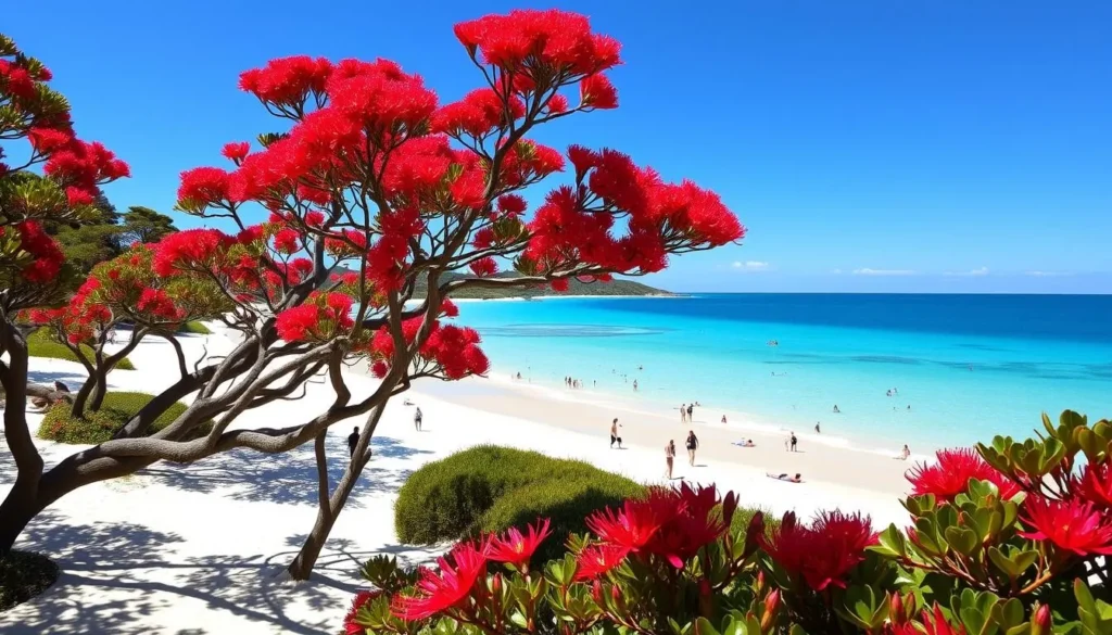 Summer beach scene at Oneroa Beach on Waiheke Island, New Zealand with people enjoying the sunshine