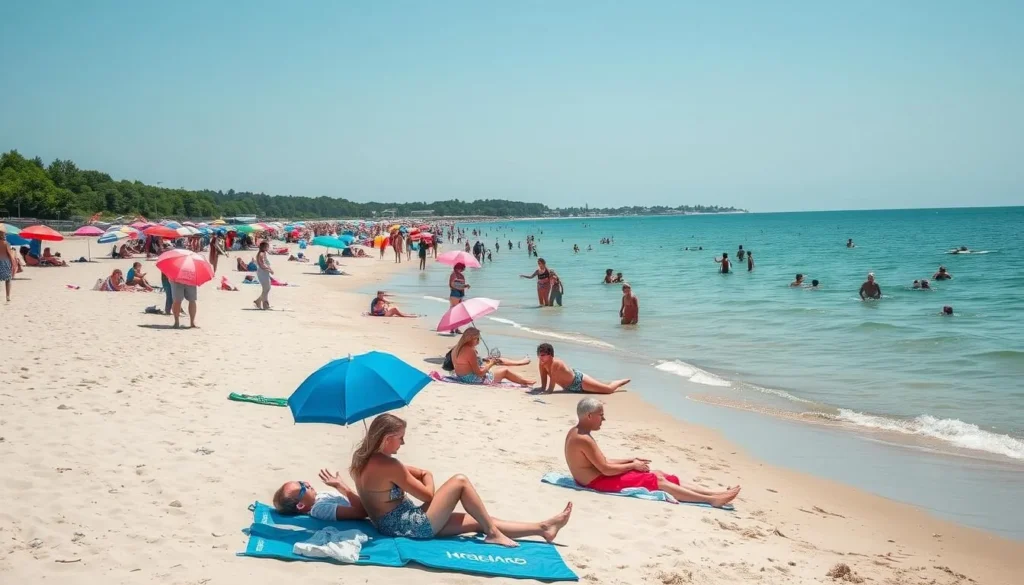 Summer beach scene at Port Stanley on Lake Erie Shoreline Ontario with people enjoying the sandy beach