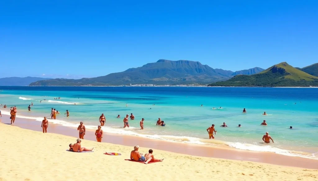 Summer day at Mount Maunganui beach with people enjoying the sun and surf