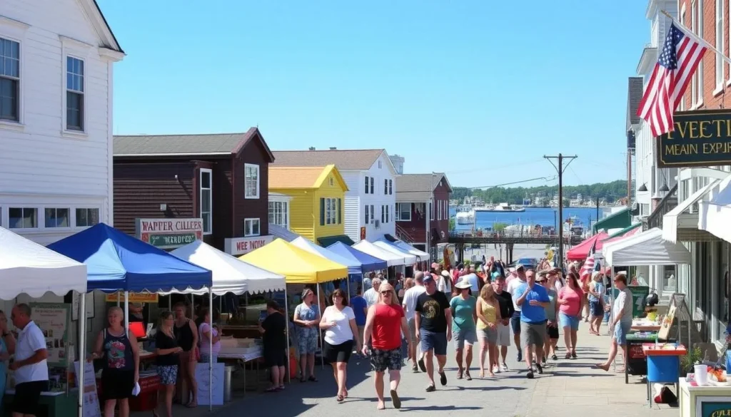 Summer festival celebration in downtown Lubec with local vendors and music
