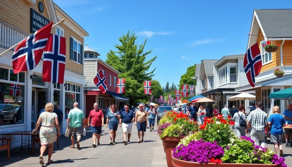 Summer festival in downtown Poulsbo with people enjoying outdoor activities