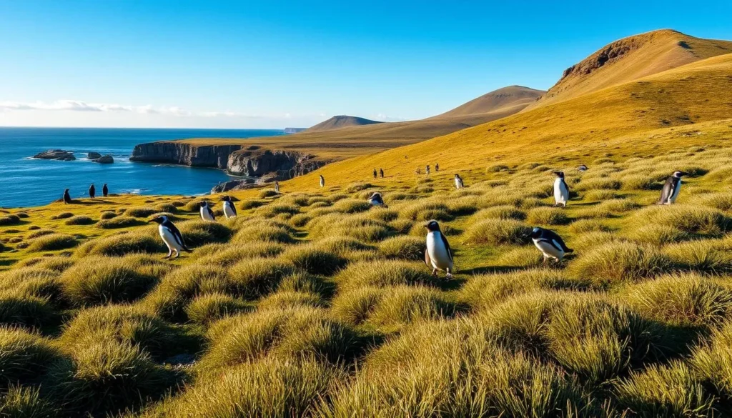 Summer landscape of Bleaker Island showing clear skies and wildlife activity