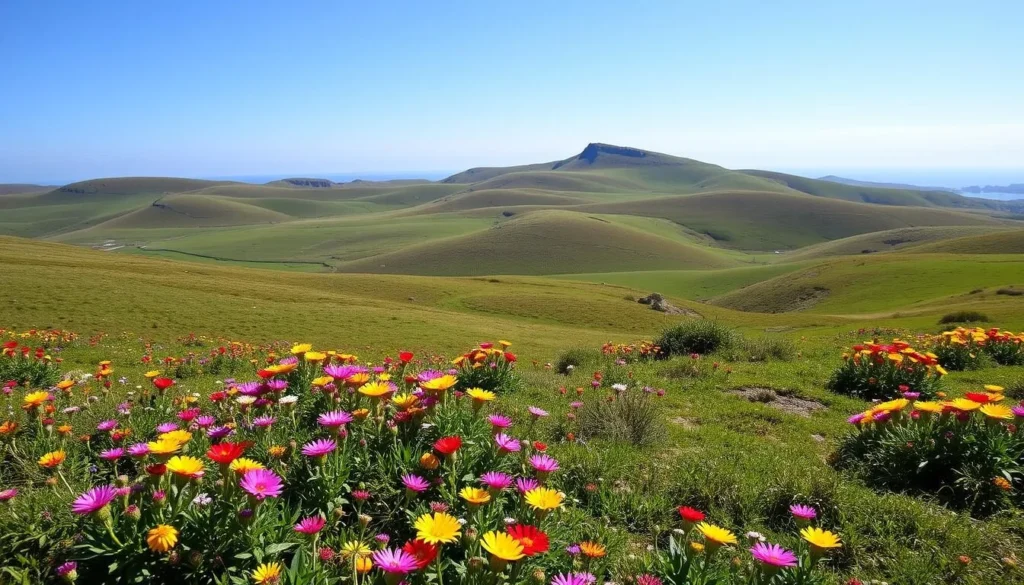 Summer landscape of Pebble Island showing wildflowers, green hills and clear blue skies