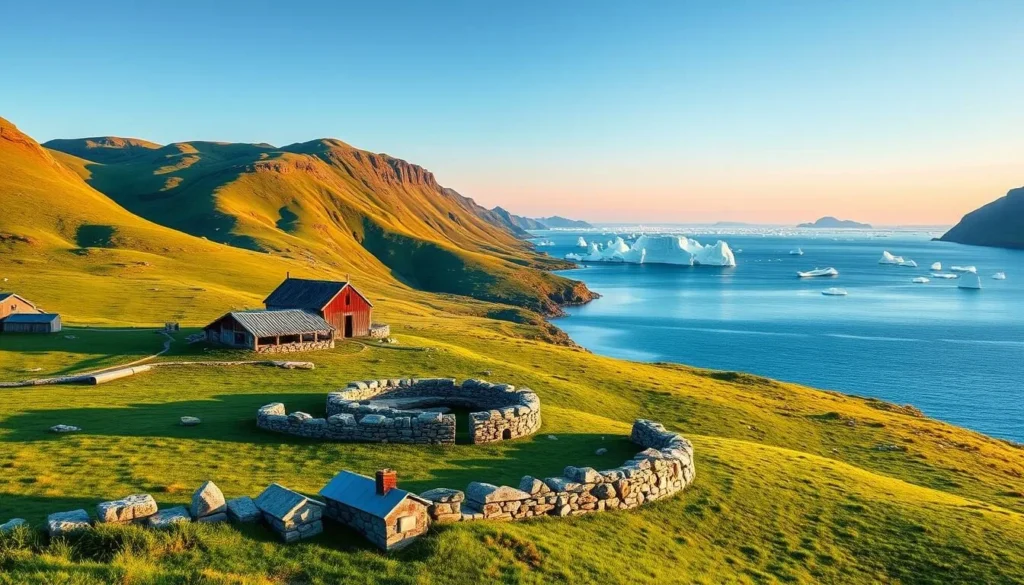 Summer landscape of Qassiarsuk with green hills, Viking ruins, and icebergs in the fjord
