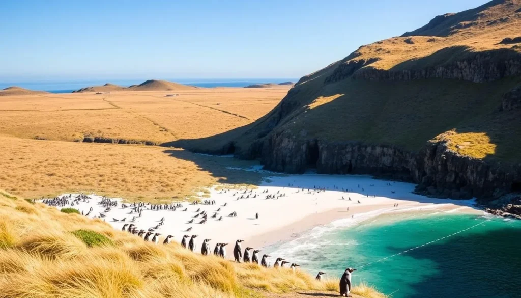 Summer landscape of Sea Lion Island showing wildlife activity during the peak season