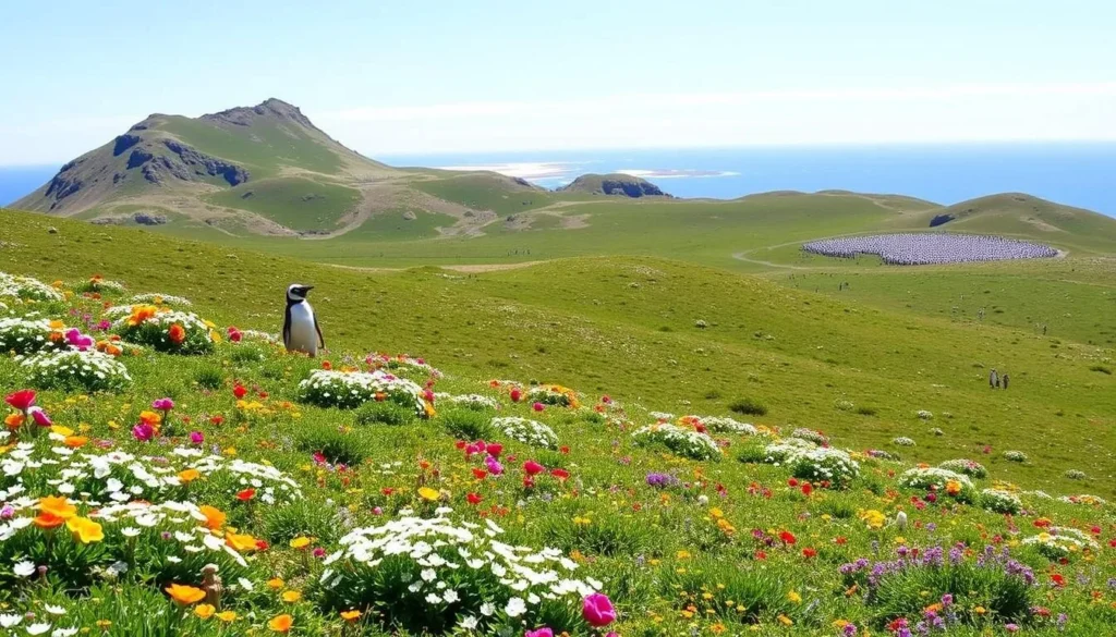 Summer landscape of West Falkland Island showing wildflowers in bloom with penguins in the background