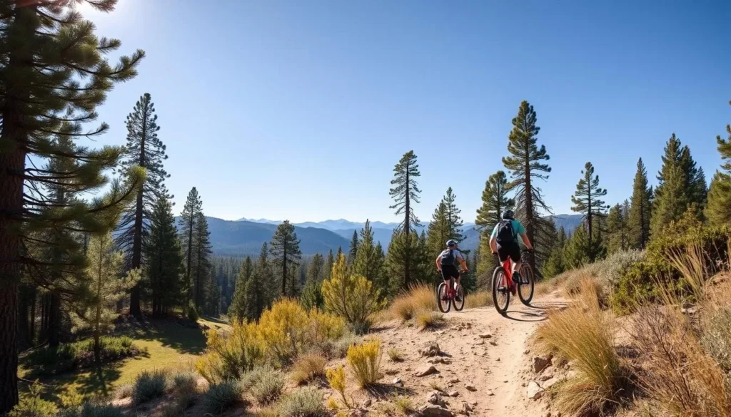 Summer mountain biking on trails near Truckee with forest and mountain views Summer mountain biking on trails near Truckee with forest and mountain views