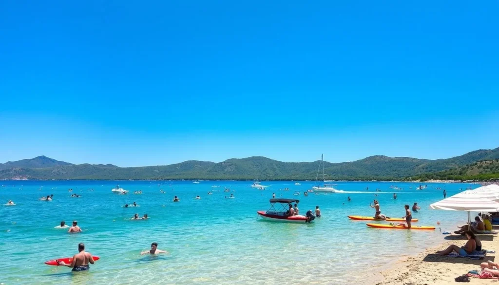 Summer scene at Canyon Lake showing people enjoying water activities under clear blue skies