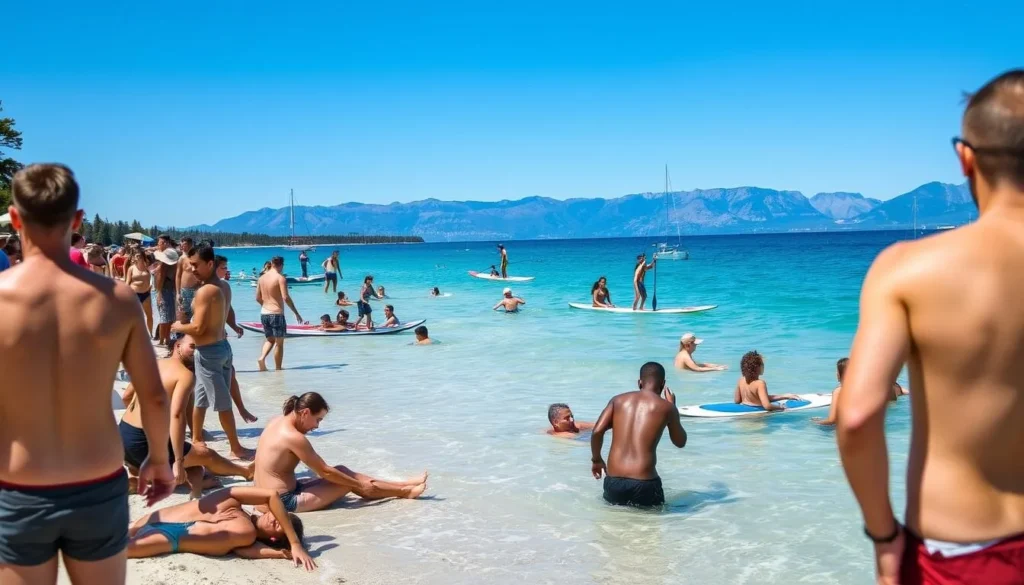 Summer scene at Kings Beach State Recreation Area with families enjoying the beach and water activities