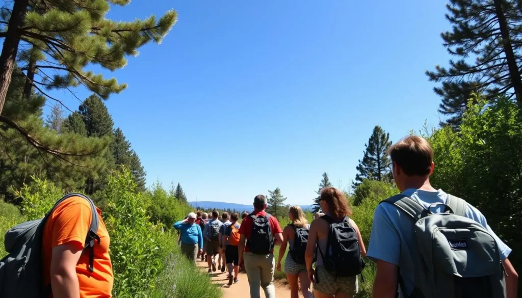 Summer scene at Reynolds Wayside Campground showing hikers enjoying sunny weather on trails