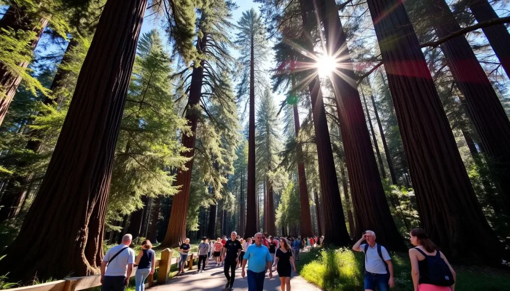 Summer scene at Richardson Grove State Park with sunlight streaming through redwood trees