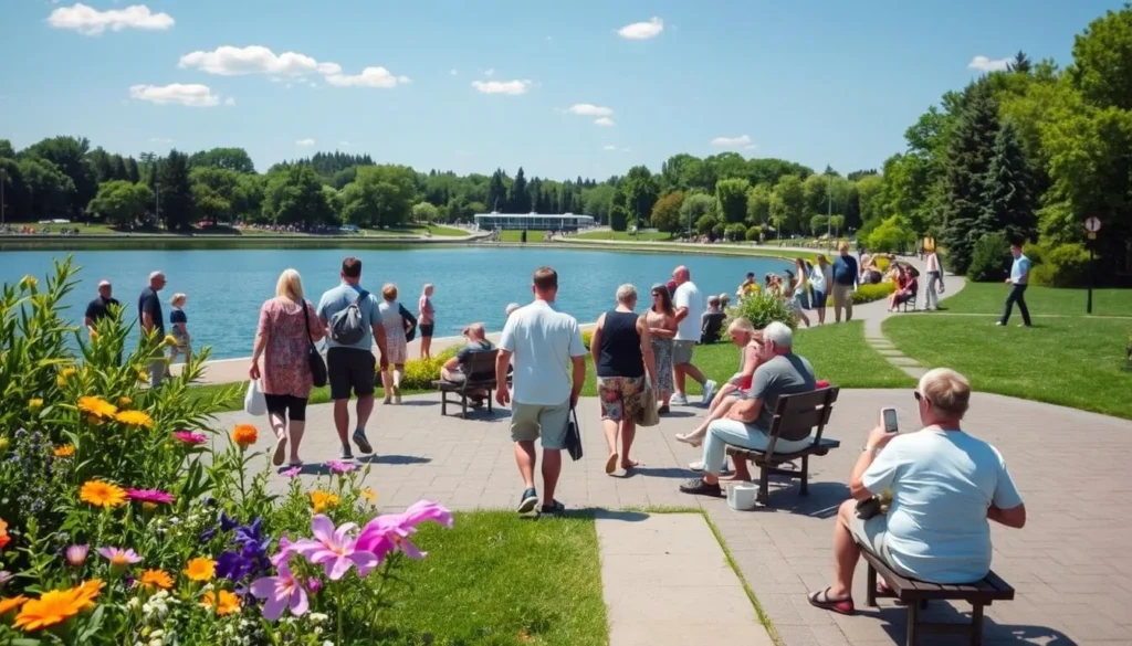 Summer scene in Izhevsk showing people enjoying the Izhevsk pond embankment on a sunny day Summer scene in Izhevsk showing people enjoying the Izhevsk pond embankment on a sunny day