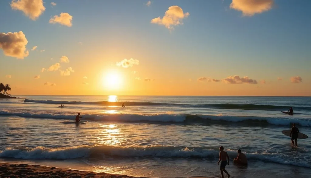 Summer sunset at Malibu Lagoon State Beach with surfers catching waves and families enjoying the beach