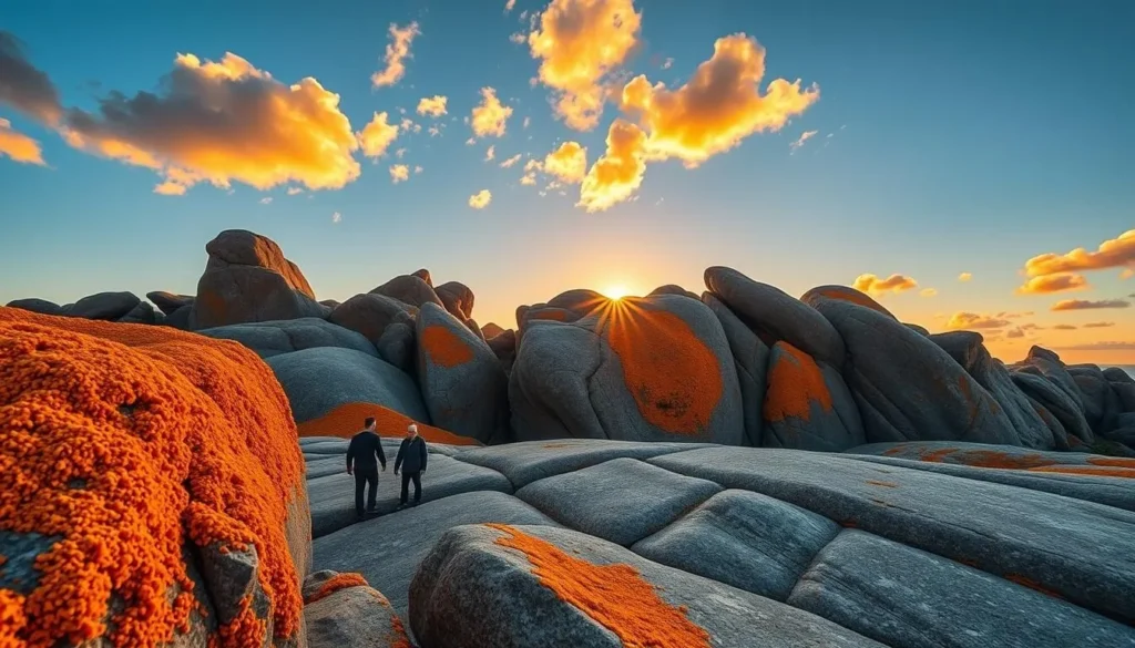 Summer sunset at Remarkable Rocks on Kangaroo Island, South Australia, with orange lichen glowing golden
