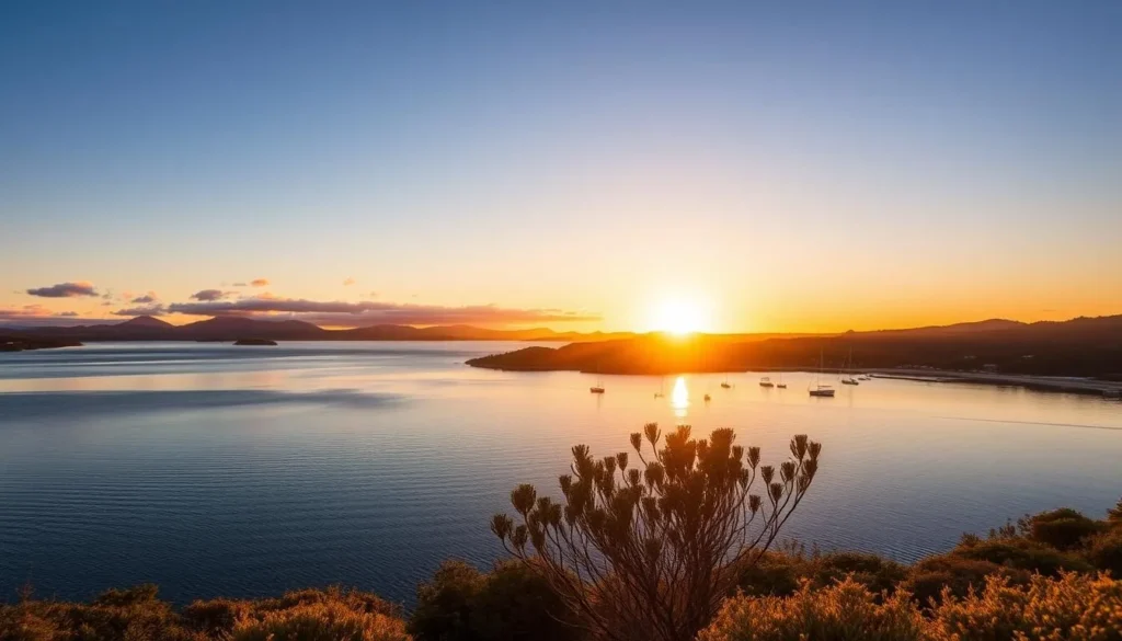 Summer sunset over Halfmoon Bay on Stewart Island with golden light on calm waters Summer sunset over Halfmoon Bay on Stewart Island with golden light on calm waters