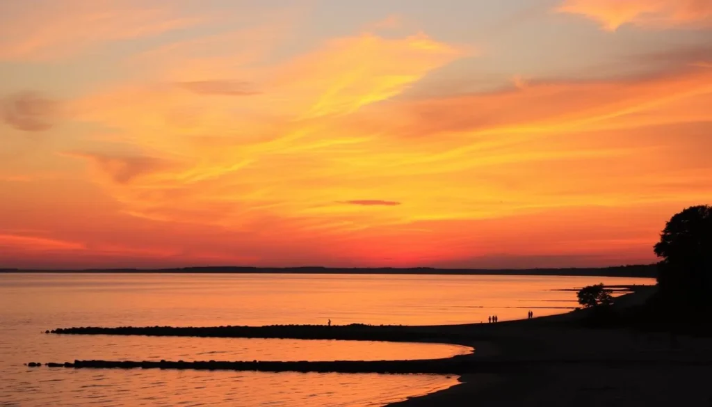 Summer sunset over Lake Erie at Presque Isle State Park with colorful sky reflecting on the water