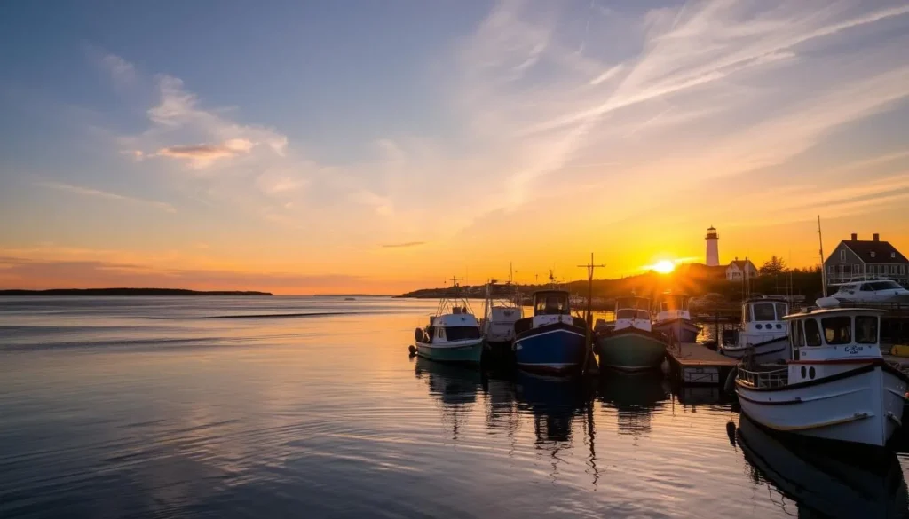 Summer sunset over Lubec harbor with fishing boats
