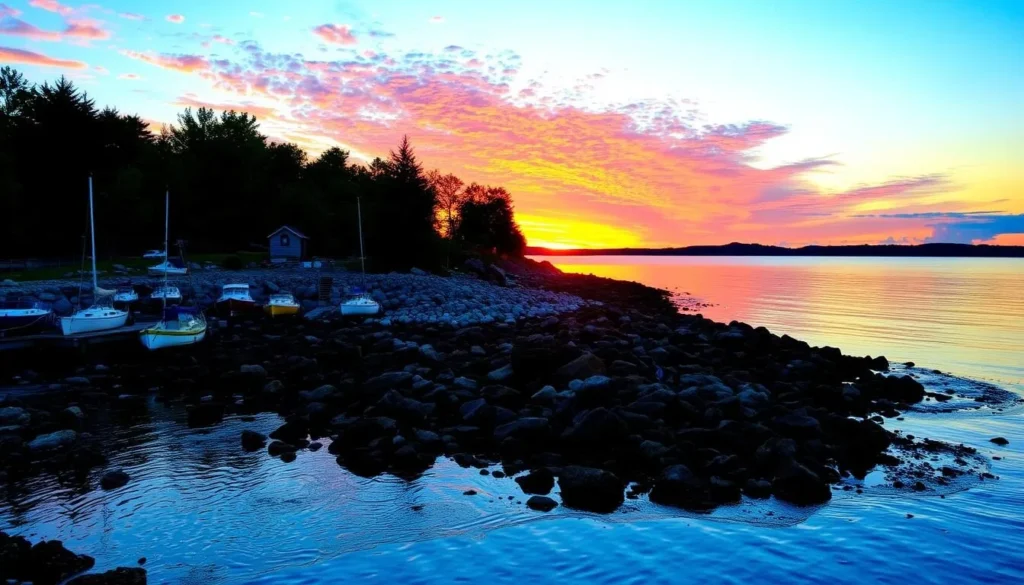 Summer sunset view of Peaks Island shoreline with colorful sky over Casco Bay Summer sunset view of Peaks Island shoreline with colorful sky over Casco Bay