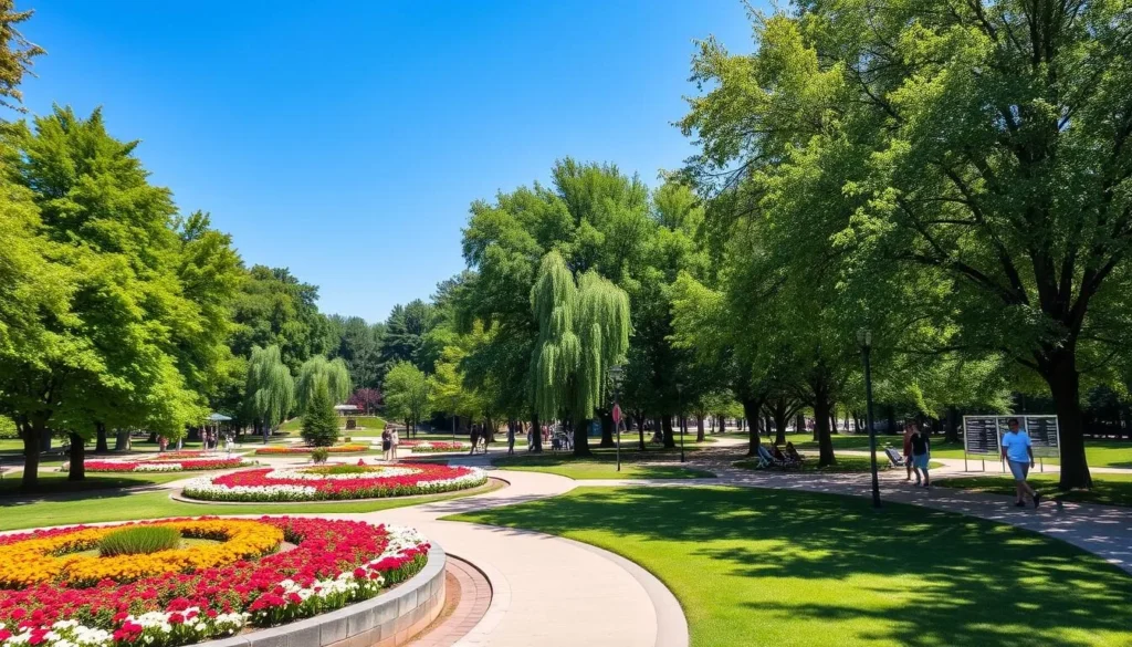 Summer view of Barnaul's central park with lush greenery and visitors enjoying the sunny weather