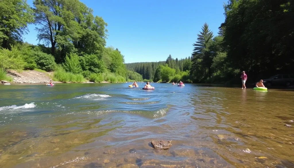 Summer view of Benbow State Recreation Area showing the Eel River with people enjoying outdoor activities Summer view of Benbow State Recreation Area showing the Eel River with people enjoying outdoor activities