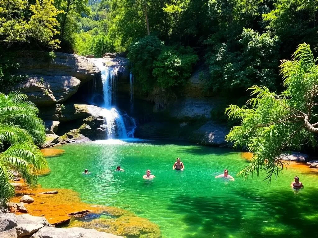Summer view of Cedar Creek Falls with people swimming