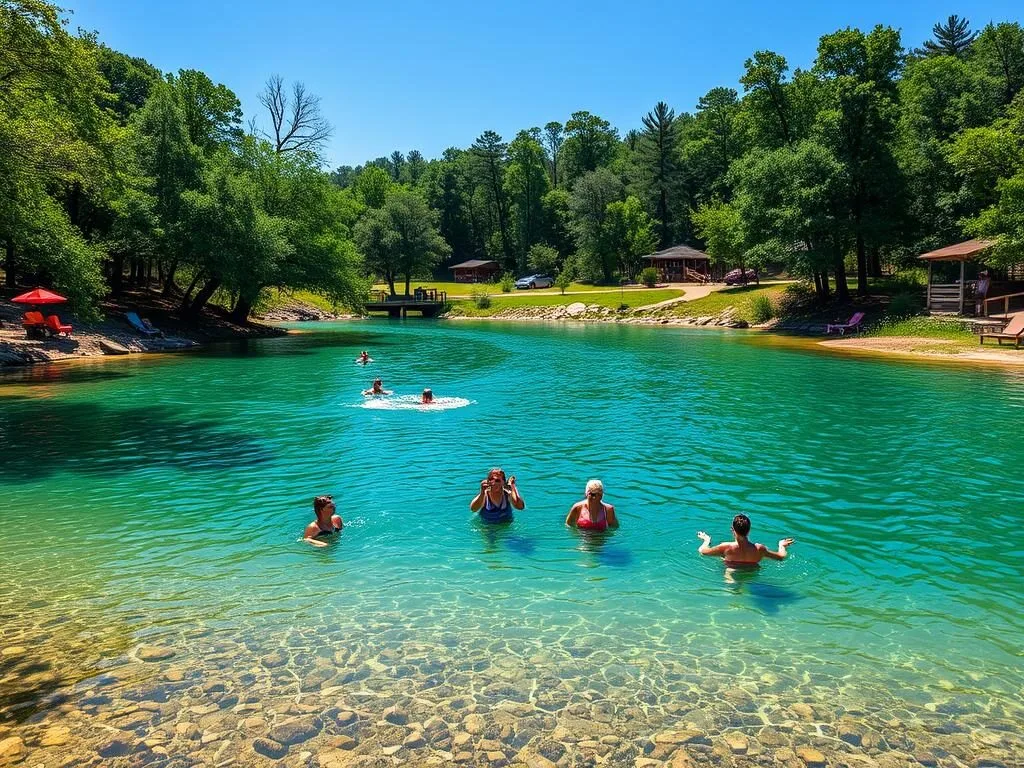 Summer view of Cedar Lake swimming area with people enjoying the water