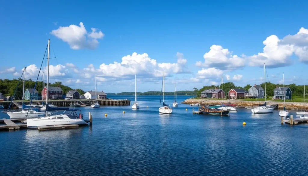 Summer view of Dark Harbor on Islesboro Island with boats moored in the harbor and coastal homes visible