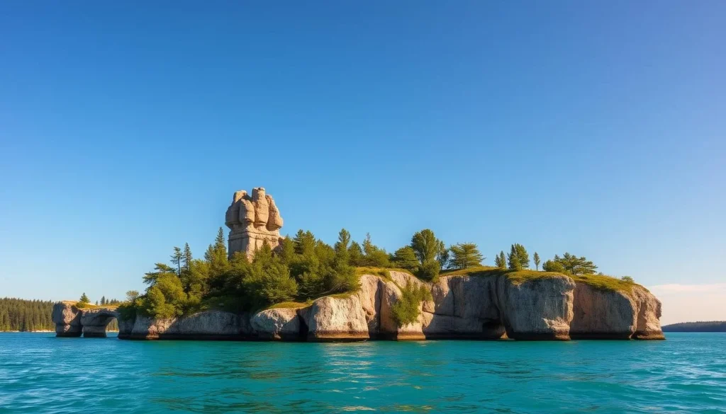 Summer view of Flowerpot Island, Ontario showing the famous rock formations and turquoise waters