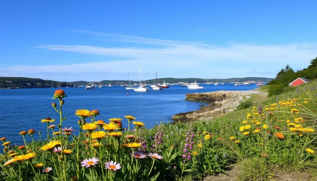 Summer view of Great Cranberry Island shoreline with wildflowers in bloom and boats in the harbor Summer view of Great Cranberry Island shoreline with wildflowers in bloom and boats in the harbor