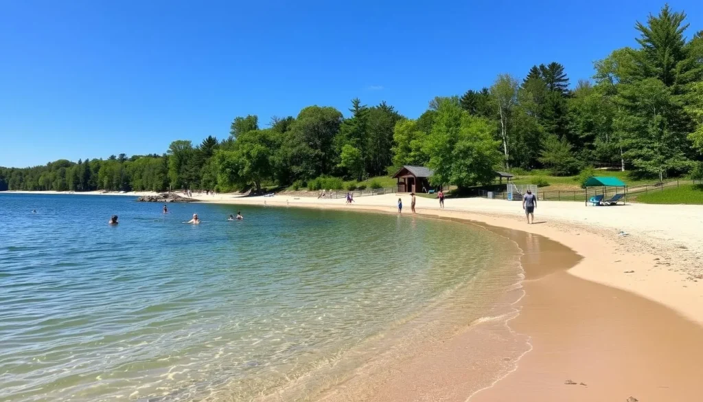 Summer view of Interfalls Lake beach at Pattison State Park Wisconsin with sandy shores and swimmers