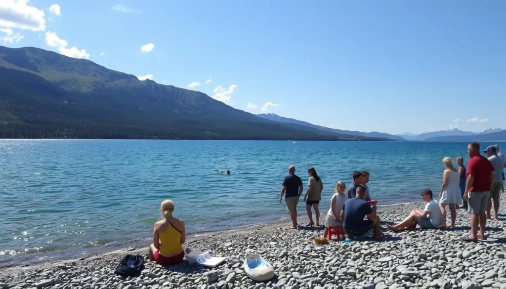 Summer view of Lake Donjon shoreline with tourists enjoying the beach on a sunny day Summer view of Lake Donjon shoreline with tourists enjoying the beach on a sunny day