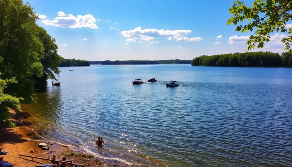 Summer view of Lake Kimry with boats on water and people enjoying the shoreline