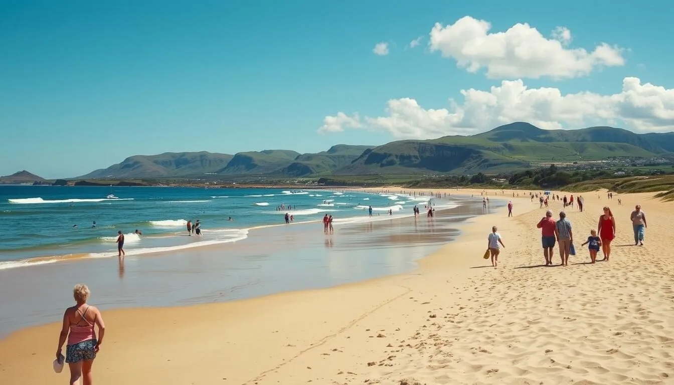 Summer view of Llanddwyn Beach on Anglesey Island Wales with tourists enjoying the coastline