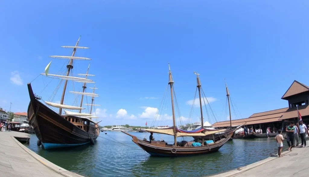Sunda Kelapa Harbor in Jakarta with traditional wooden Pinisi schooners docked