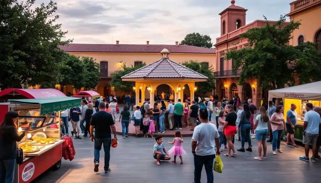 Sunday evening festival atmosphere at Jardín Hidalgo in Tlaquepaque with food vendors and families